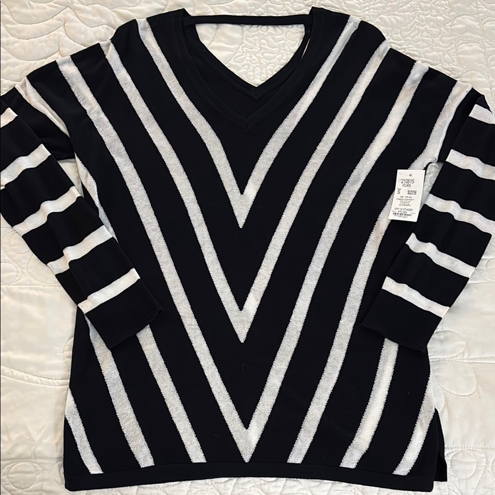 Etcetera Black and White V-Neck Sweater with Geometric Pattern Sz S Cotton